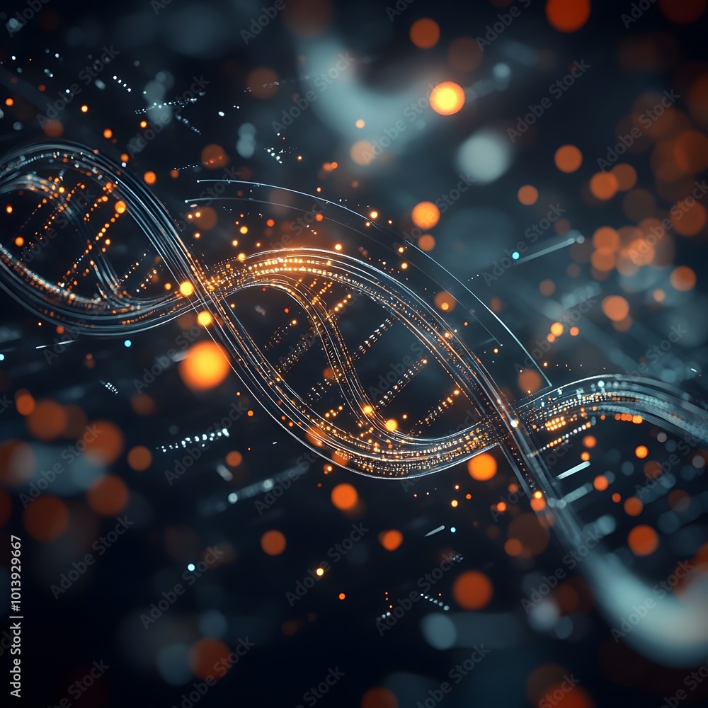 Poster extreme close up of a dna helix with a high tech futuristic interpretation complex digital circuitry