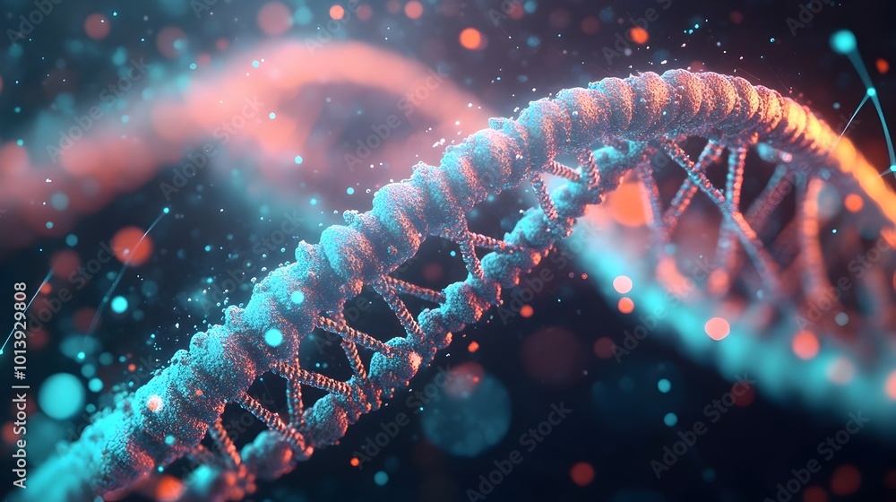 Poster intricate vibrant neon colored dna strands intertwining in a mesmerizing hypnotic pattern inside a f