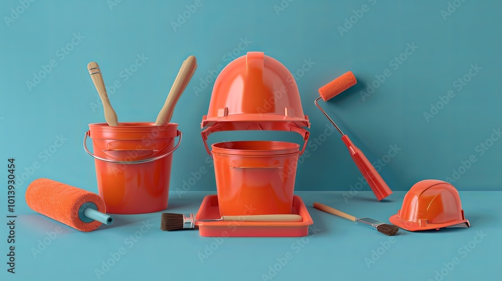 Poster a 3d rendering of a set of orange paint supplies for a home renovation project. the scene includes p