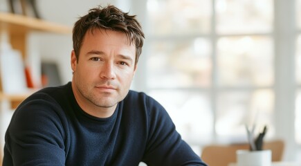 Obraz premium A young man, wearing a dark sweater, sits at a desk in a well-lit office, appearing contemplative and focused on his work