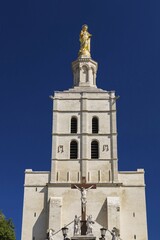 Golden Saint-Mary statue on top of the cathedral, Notre-Dame des Doms, Avignon, Provence-Alpes-Cote d'Azur, France, Europe