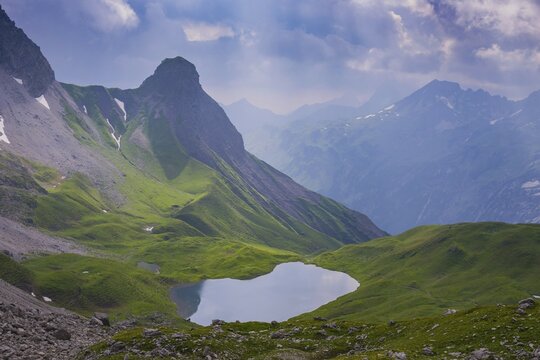 Lake Rappensee, behind Kleiner Rappenkopf, 2276m, Allg&auml;u Alps, Allg&auml;u, Bavaria, Germany, Europe