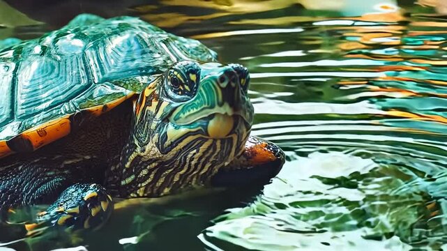 An intricately patterned turtle basks near the edge of a pond, showcasing its vibrant shell under the sunlight. The scene reflects tranquility and natural beauty, illustrating themes such as nature,