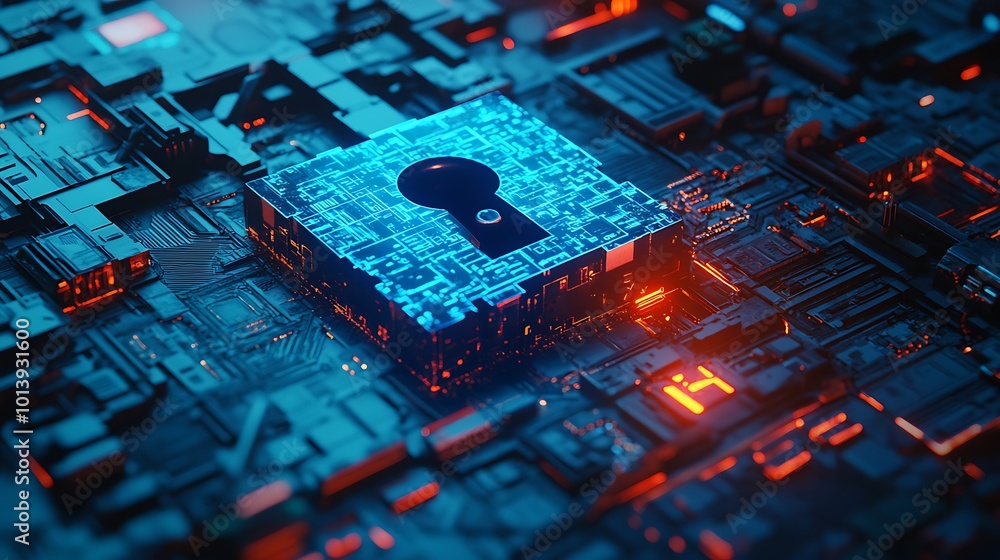 Poster A glowing blue keyhole embedded in a circuit board, symbolizing digital security.