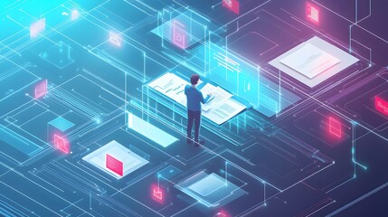Fototapeta premium Isometric digital database concept featuring a businessman organizing documents, surrounded by data streams and digital icons, symbolizing modern knowledge management in the digital era