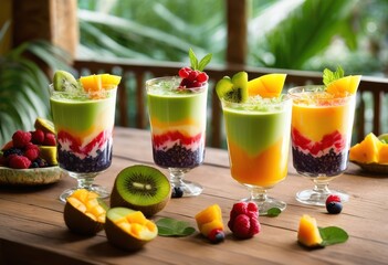 Fototapeta premium charming vintage milk cocktail glasses filled vibrant ingredients creating delightful aesthetic beverage display, barware, bubbly, celebration, colorful