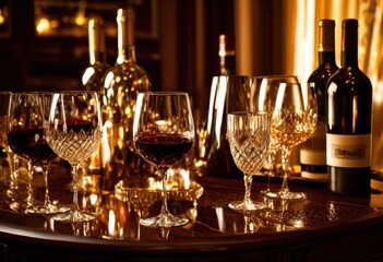 elegant wine arrangement featuring exquisite glassware premium bottles ideal presentation, elegance, sophistication, barware, vintage, collection