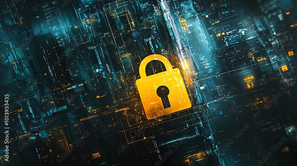 Poster A glowing padlock icon on a dark background with a digital code pattern.