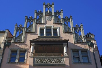 Gable and balcony, townhouse, 1897, Richard-Wagner-Strasse, Munich, Upper Bavaria, Germany, Europe