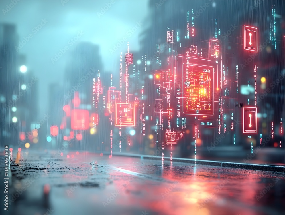 Aufkleber dystopian digital landscape with menacing data arrays holographic displays and immersive technologic