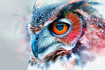 A colorful owl with a yellow eye stares at the camera, generative ai image