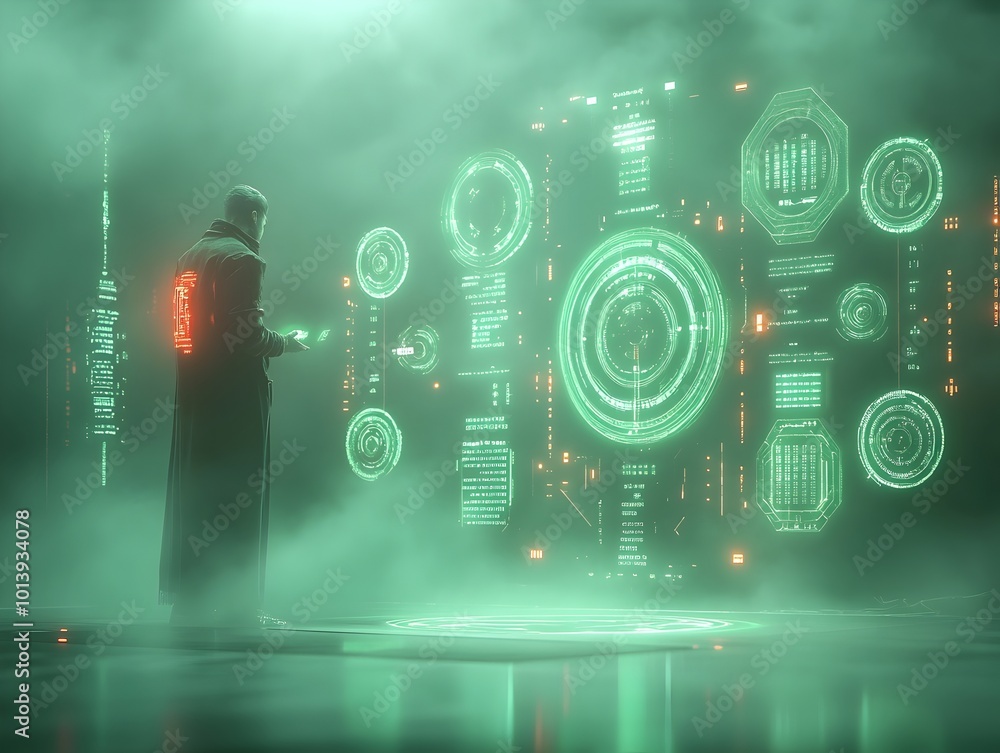 Aufkleber dystopian digital landscape with menacing data arrays holographic displays and immersive technologic