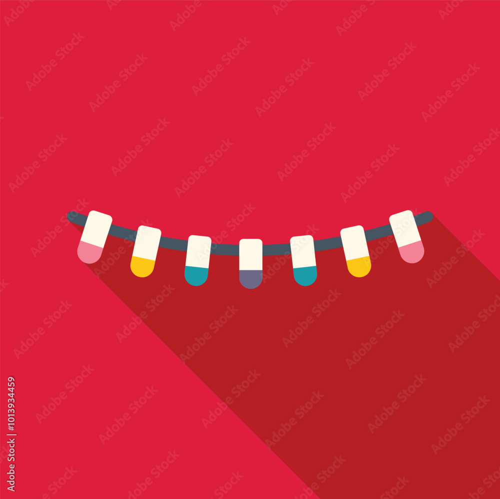 Poster string of lights hanging on a cable is glowing on red background