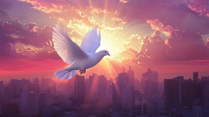 Fototapeta premium A white dove flies towards the sunrise over a cityscape.