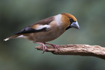 Fototapeta premium Hawfinch (Coccothraustes coccothraustes) sits on deadwood, Emsland, Lower Saxony, Germany, Europe