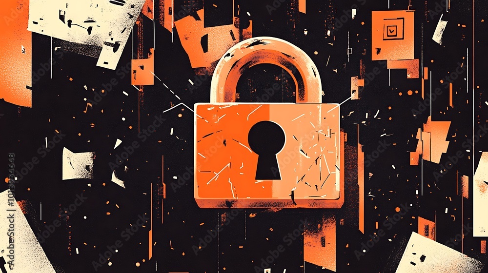 Poster A rusty padlock with a keyhole in the center, surrounded by a dark background with abstract shapes.