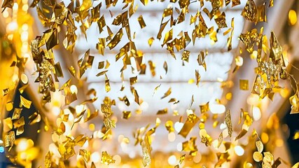 Golden confetti rains down in an indoor venue, creating a festive atmosphere. The blurred background and bright lights add warmth and excitement, suitable for joyous events like parties or