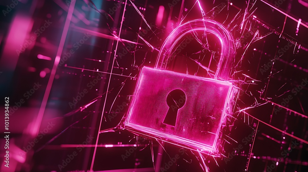 Poster a glowing pink padlock symbol breaks through a shattered digital screen, representing data breach or