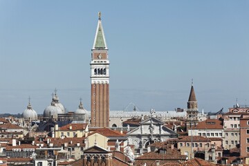 View of the roofs, with Saint Mark's Basilica or San Marco and Campanile, Venice, Veneto, Italy,...