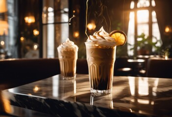 Naklejka premium artistic presentation frosted glass iced coffee surrounded whimsical steam refreshing aroma, cold, beverage, chilled, drink, refresher, creative, condensation