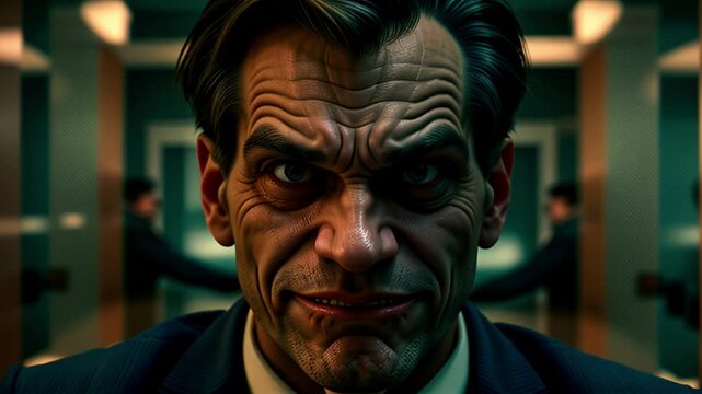 Banker giving a loan. Close-up of a man giving a mortgage to a client. Seamless loop of a smiling man gets angry and transforms into a monster.