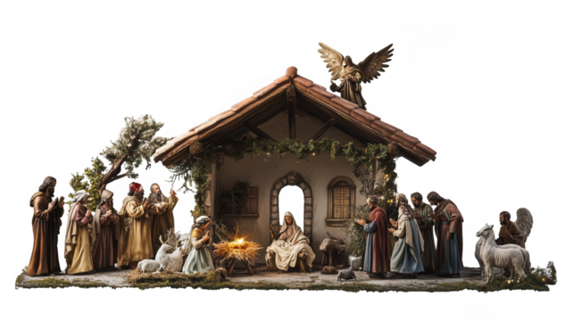 Beautiful Christmas Nativity Scene Depicting the Birth of Christ, Isolated on White, PNG File, Transparent Background