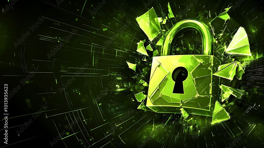Poster A green padlock breaking into shards with a glowing effect, symbolizing breaking through security or overcoming an obstacle.