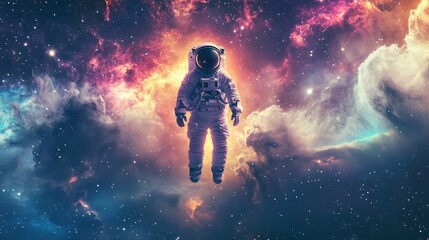 Obraz premium Astronaut floating in space with a nebula background.