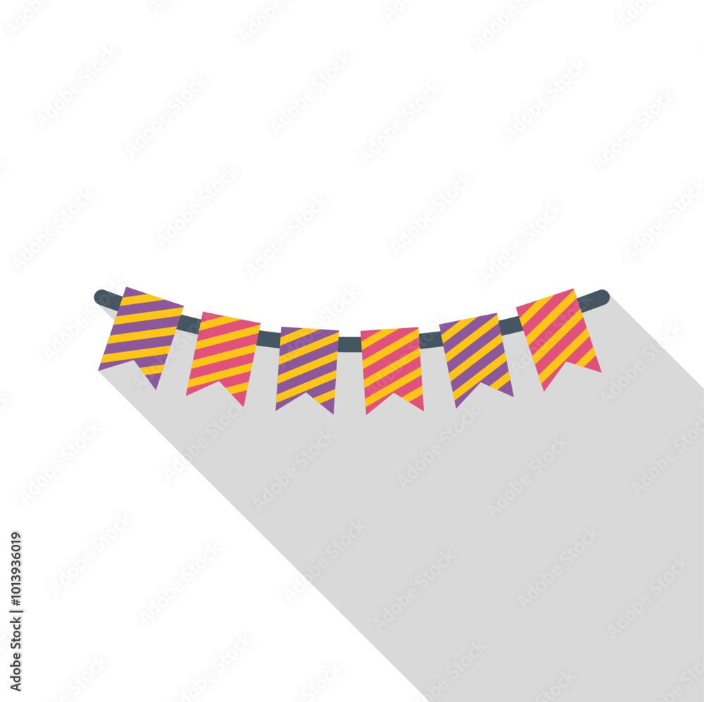 Poster colorful festive flags hanging on a string icon in flat style with long shadow