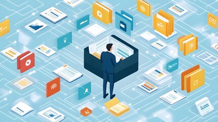 Fototapeta premium Isometric digital database concept featuring a businessman organizing documents, surrounded by data streams and digital icons, symbolizing modern knowledge management in the digital era