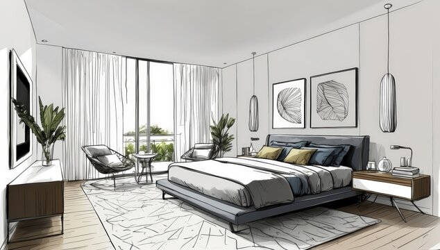 sketch of modern bedroom interior with spacious bed