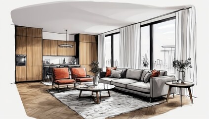 monochrome drawing showcasing contemporary home decor and spacious window views