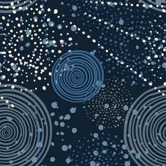 Circles and dots hand drawn vector seamless pattern in blues tones, fashion, print repeating background