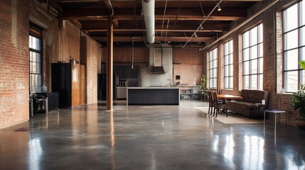 Modern industrial interior, exposed brick walls, metal beams, polished concrete floors, large windows, minimalist furniture, open space layout