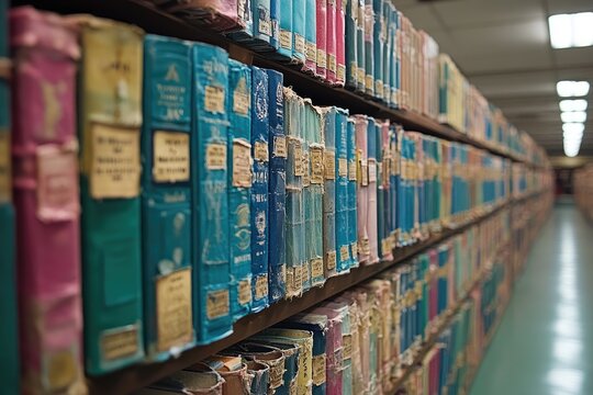 A row of aged, colorful books on a wooden bookshelf