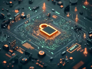 Encrypted Digital Domain with Futuristic Padlock Hologram and Global Cyber Technology Network  Advanced electronic engineering digital security monitoring