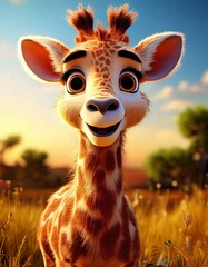 Una giraffa sorridente, soffice, dai capelli lunghissimi, morbida, personaggio dei cartoni animati 3D con grandi occhi marroni, ciglia lunghe, nella savana, bokeh