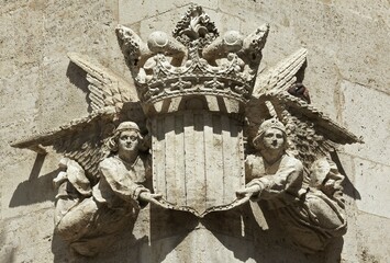 Angel with city coat of arms, relief, Gothic facade, Silk Exchange, Llotja de la Seda, Old Town,...