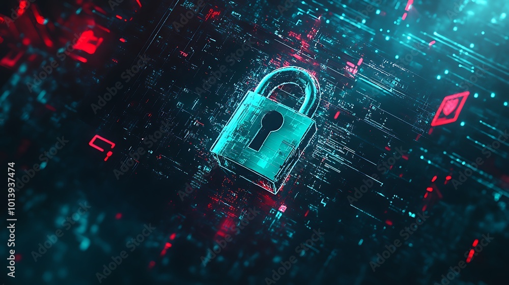 Poster a glowing padlock, representing digital security, sits atop a futuristic circuit board with red and 