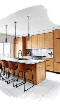 sleek kitchen with wooden cabinets, stainless steel appliances, and a central island. hand drawn sketch