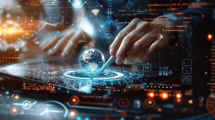 Close-Up of a Person Using a Tablet with global network connection, Holographic Displaying Globe, Binary Code, and Technological Icons, data exchange, digital technology, data science,