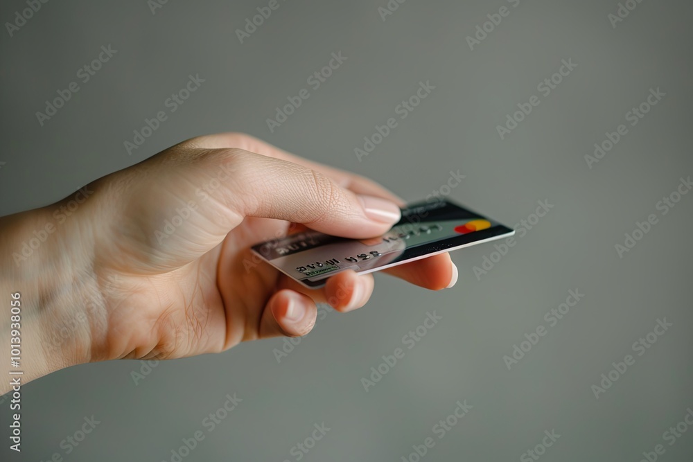 Aufkleber a hand grips a credit card, showcasing its design with muted colors against a simple, softly illumin