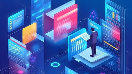 Isometric digital database concept featuring a businessman organizing documents, surrounded by data streams and digital icons, symbolizing modern knowledge management in the digital era