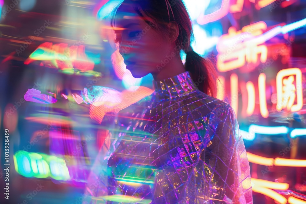 Canvas Prints a woman in a shiny dress, there is a neon sign in the background