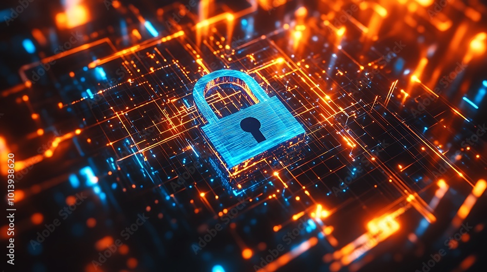 Aufkleber A glowing blue padlock symbol sits on a circuit board background with orange and blue lines representing data flow.