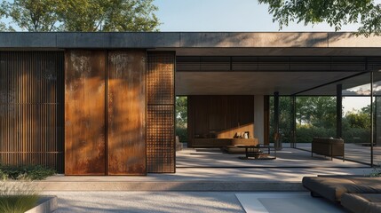 An architectural detail of a modern villa with sliding screens made from weathered steel, providing both privacy and a dynamic facade appearance