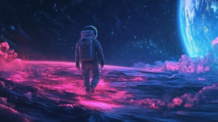 Obraz premium An astronaut walks on an alien planet, illuminated by a vibrant pink glow.