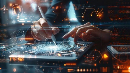 Close-Up of a Person Using a Tablet with global network connection, Holographic Displaying Globe, Binary Code, and Technological Icons, data exchange, digital technology, data science,
