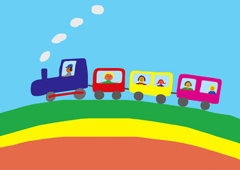 Naive illustration, children drawing, steam locomotive with wagon and passengers, Austria, Europe