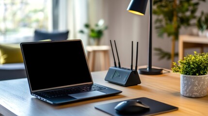 Laptop, Router and Mouse on a Desk